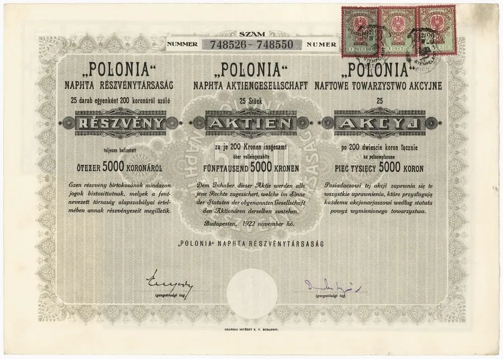 Zdjęcie akcji "POLONIA" Naftowe Towarzystwo Akcyjne