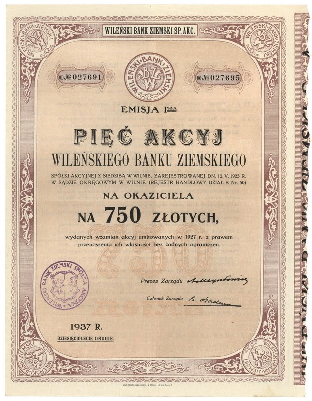 Zdjęcie akcji Wileński Bank Ziemski Spółka Akcyjna