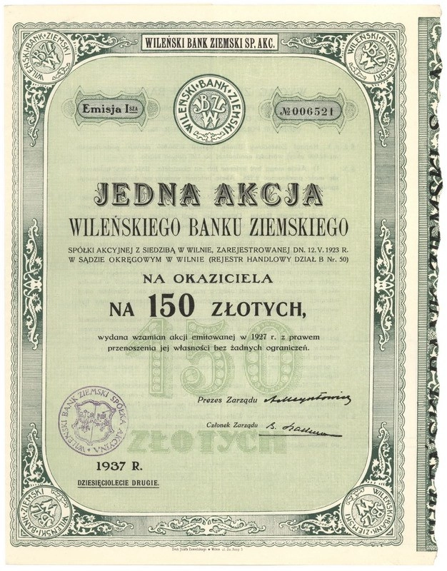 Zdjęcie akcji Wileński Bank Ziemski Spółka Akcyjna