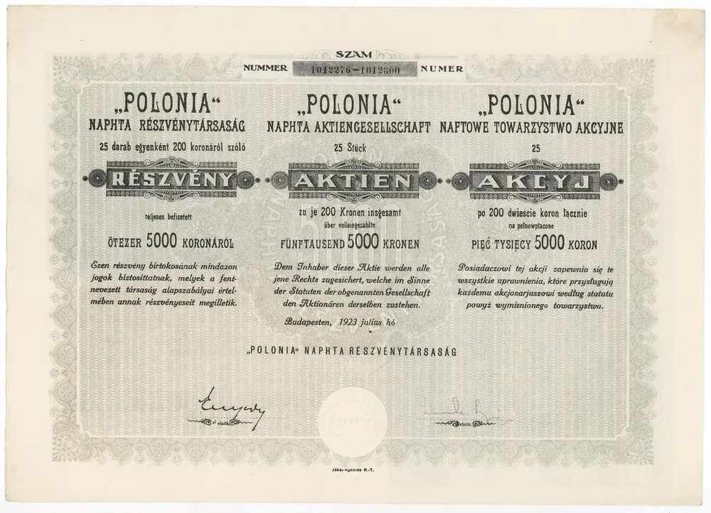 Zdjęcie akcji "POLONIA" Naftowe Towarzystwo Akcyjne