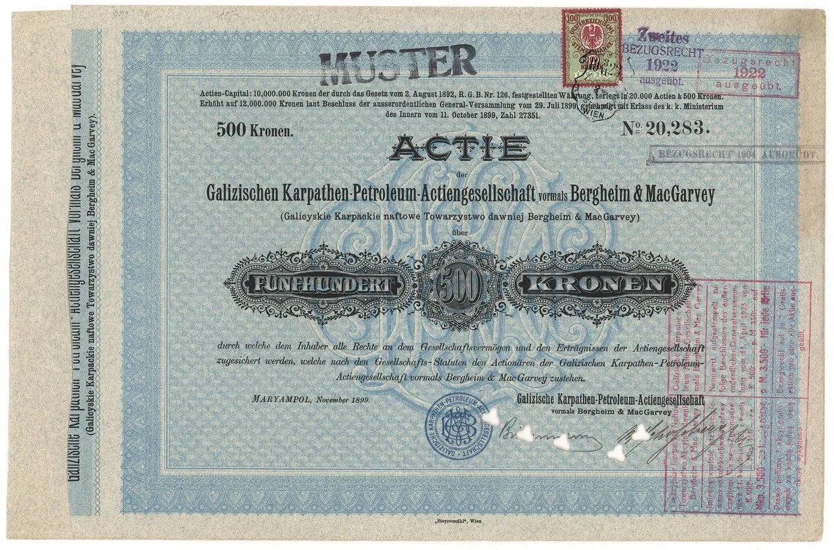 Zdjęcie akcji Galicyjskie Karpackie Naftowe Towarzystwo Akcyjne, dawniej Bergheim & Mac Garvey