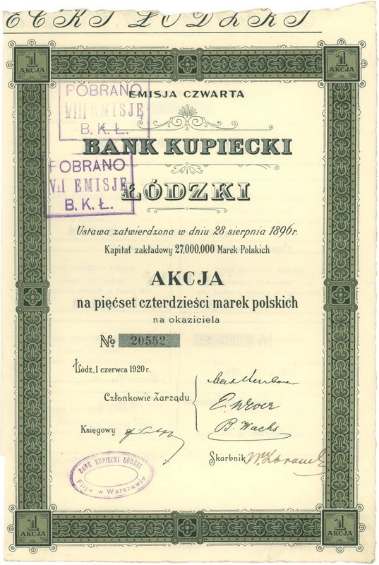Zdjęcie akcji Bank Kupiecki Łódzki Spółka Akcyjna