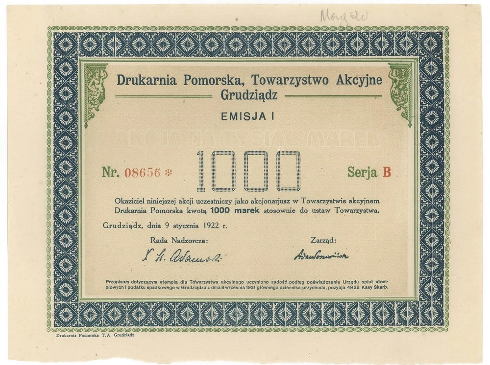 Zdjęcie akcji Drukarnia Pomorska Towarzystwo Akcyjne Grudziądz