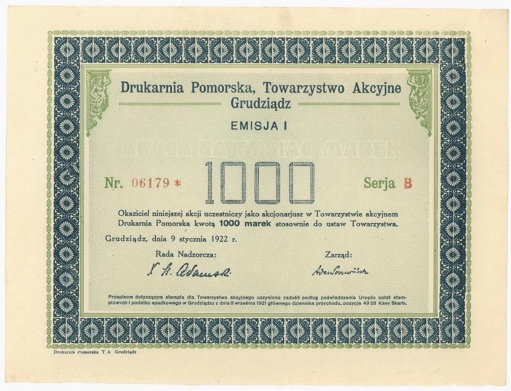 Zdjęcie akcji Drukarnia Pomorska Towarzystwo Akcyjne Grudziądz