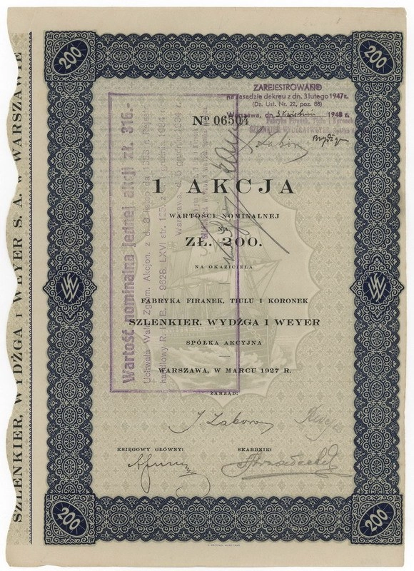 Zdjęcie akcji Fabryka Firanek, Tiulu i Koronek "Szlenkier, Wydżga i Weyer" Spółka Akcyjna