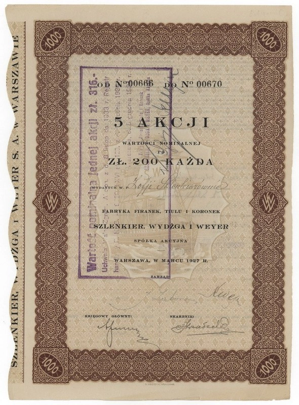 Zdjęcie akcji Fabryka Firanek, Tiulu i Koronek "Szlenkier, Wydżga i Weyer" Spółka Akcyjna