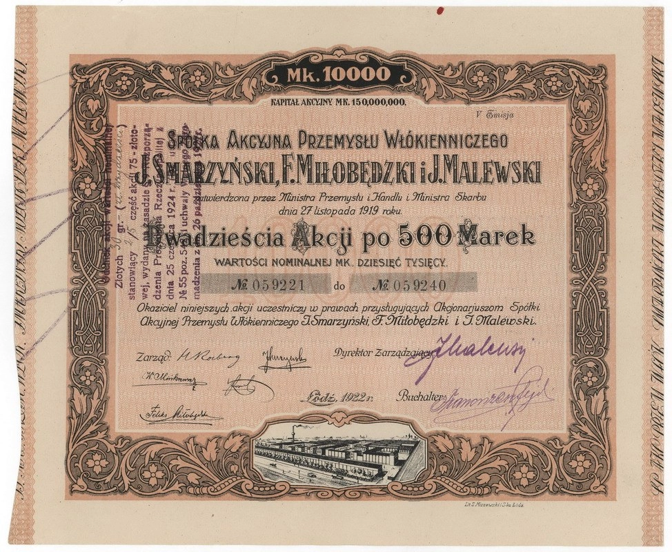 Zdjęcie akcji Spółka Akcyjna Przemysłu Włókienniczego "J. Smarzyński, F. Miłobędzki i J. Malewski"