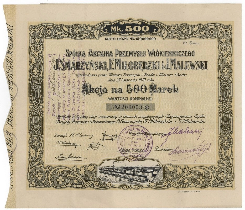 Zdjęcie akcji Spółka Akcyjna Przemysłu Włókienniczego "J. Smarzyński, F. Miłobędzki i J. Malewski"