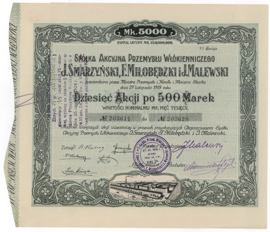 Zdjęcie akcji Spółka Akcyjna Przemysłu Włókienniczego "J. Smarzyński, F. Miłobędzki i J. Malewski"