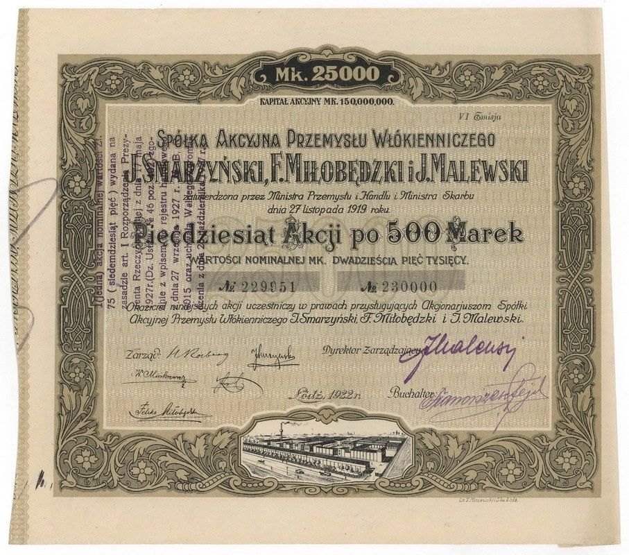 Zdjęcie akcji Spółka Akcyjna Przemysłu Włókienniczego "J. Smarzyński, F. Miłobędzki i J. Malewski"