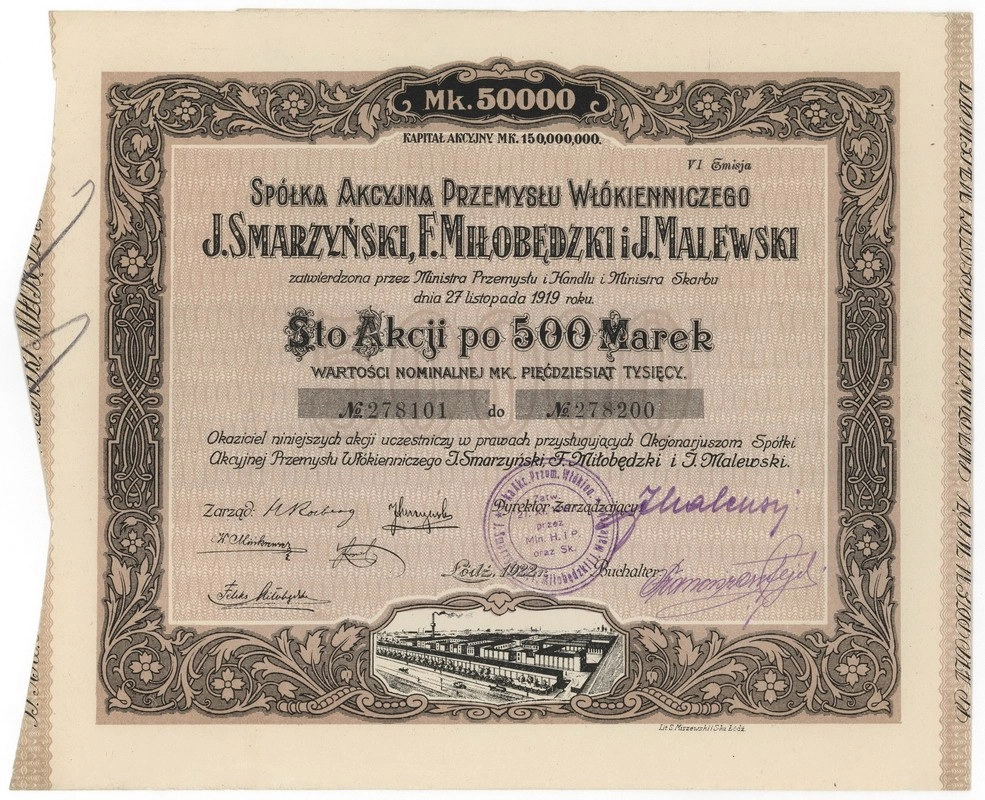 Zdjęcie akcji Spółka Akcyjna Przemysłu Włókienniczego "J. Smarzyński, F. Miłobędzki i J. Malewski"