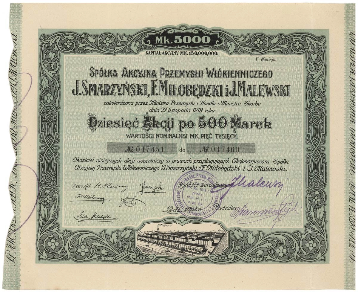 Zdjęcie akcji Spółka Akcyjna Przemysłu Włókienniczego "J. Smarzyński, F. Miłobędzki i J. Malewski"