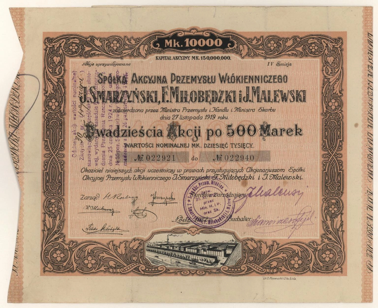 Zdjęcie akcji Spółka Akcyjna Przemysłu Włókienniczego "J. Smarzyński, F. Miłobędzki i J. Malewski"