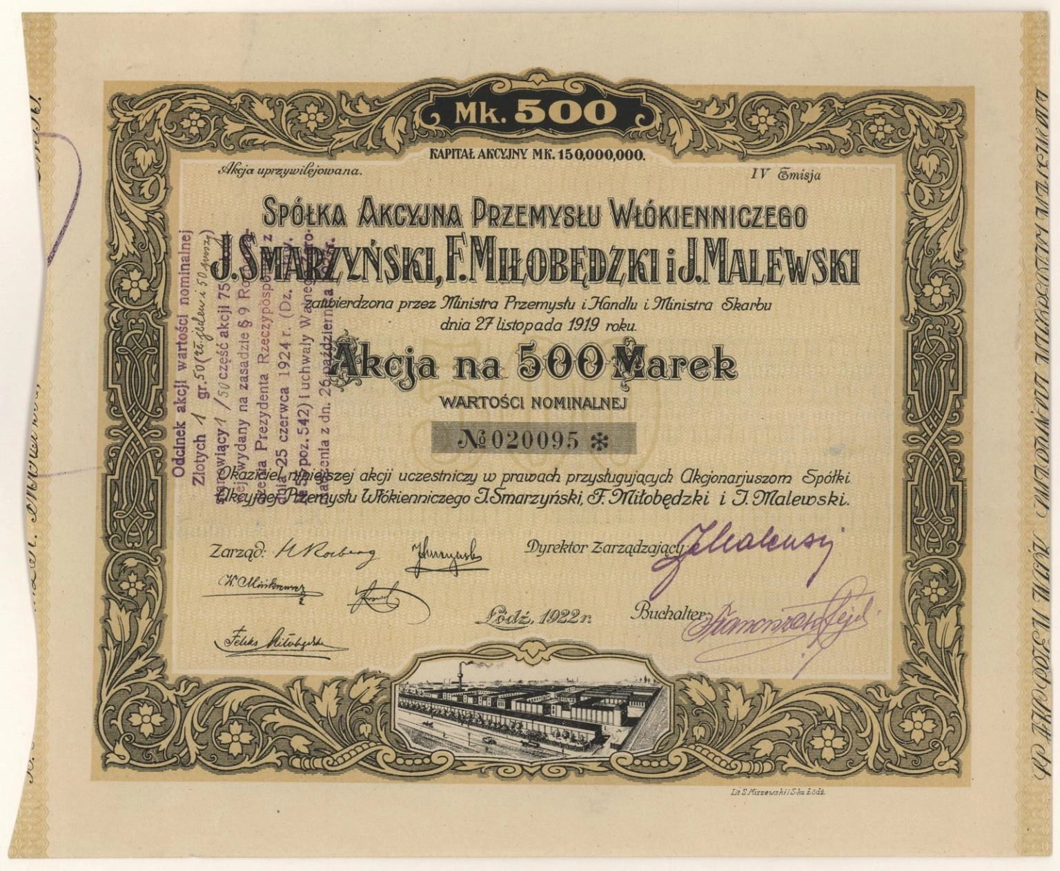 Zdjęcie akcji Spółka Akcyjna Przemysłu Włókienniczego "J. Smarzyński, F. Miłobędzki i J. Malewski"