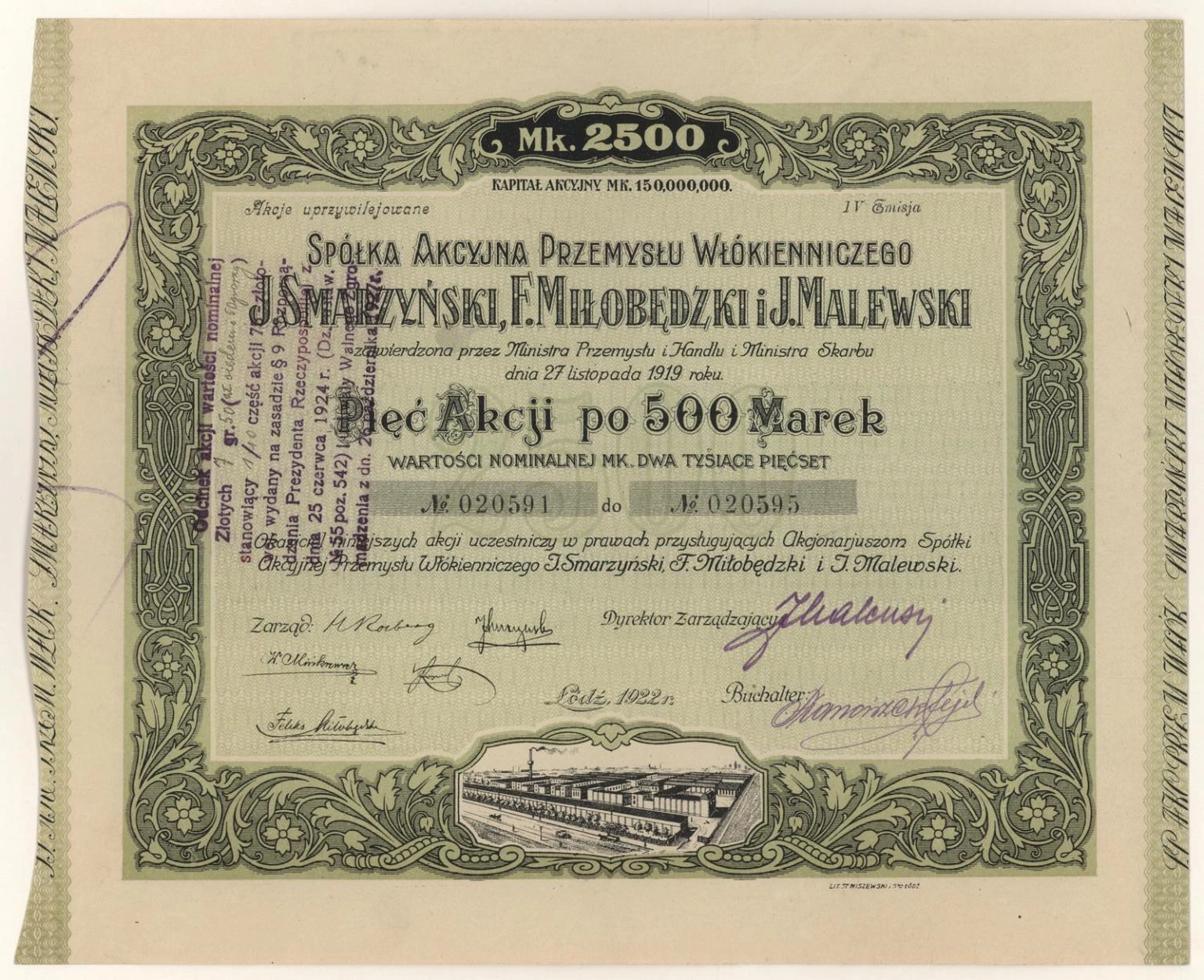 Zdjęcie akcji Spółka Akcyjna Przemysłu Włókienniczego "J. Smarzyński, F. Miłobędzki i J. Malewski"