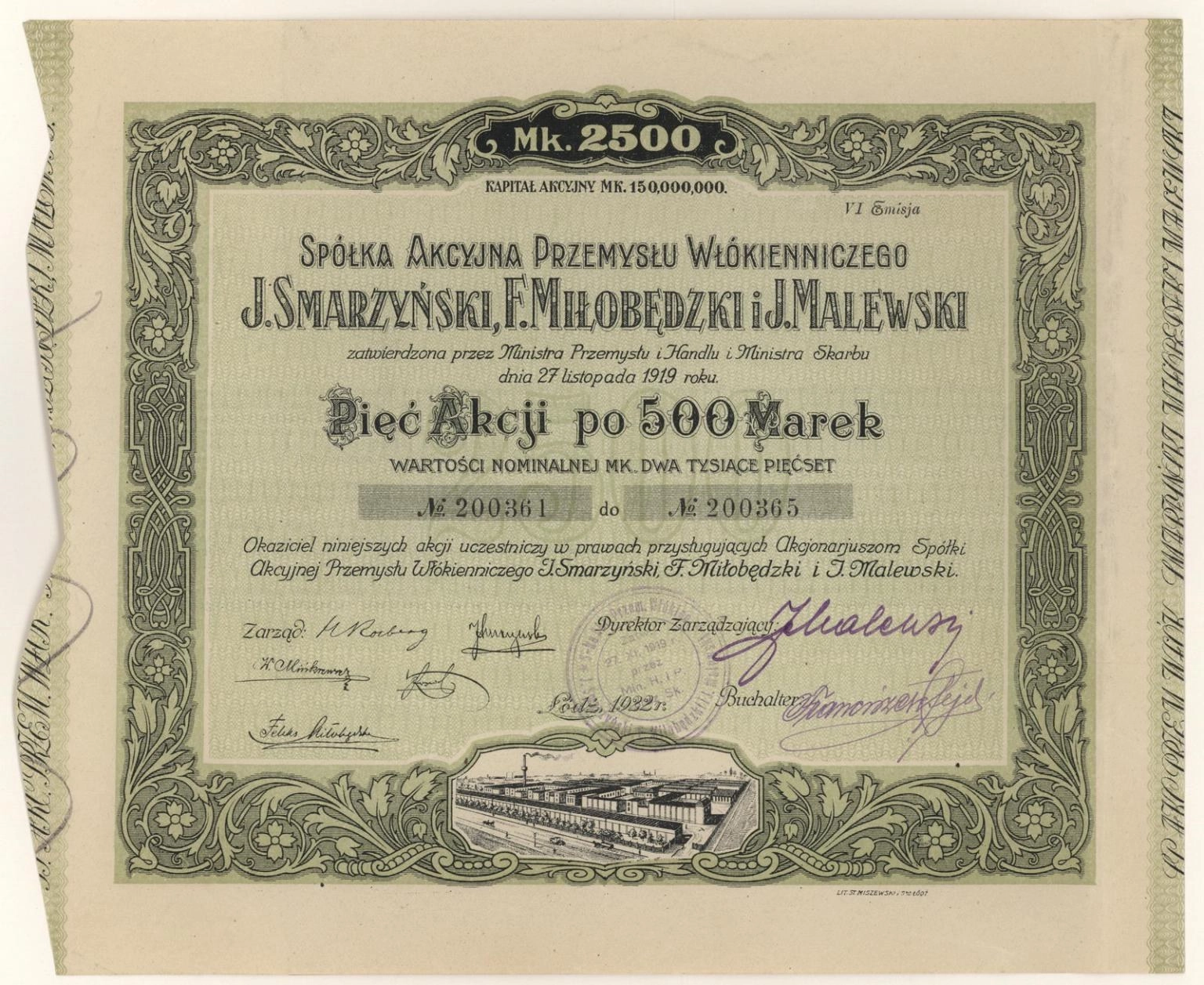 Zdjęcie akcji Spółka Akcyjna Przemysłu Włókienniczego "J. Smarzyński, F. Miłobędzki i J. Malewski"