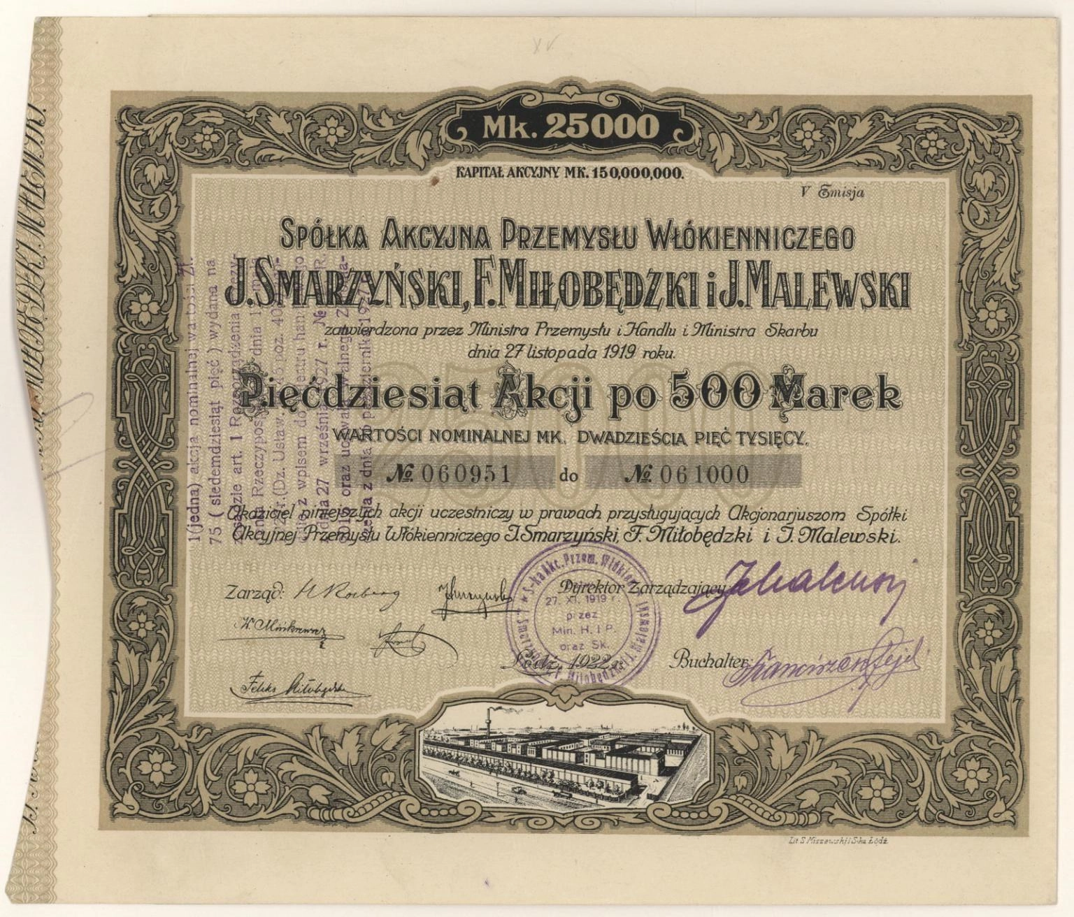 Zdjęcie akcji Spółka Akcyjna Przemysłu Włókienniczego "J. Smarzyński, F. Miłobędzki i J. Malewski"