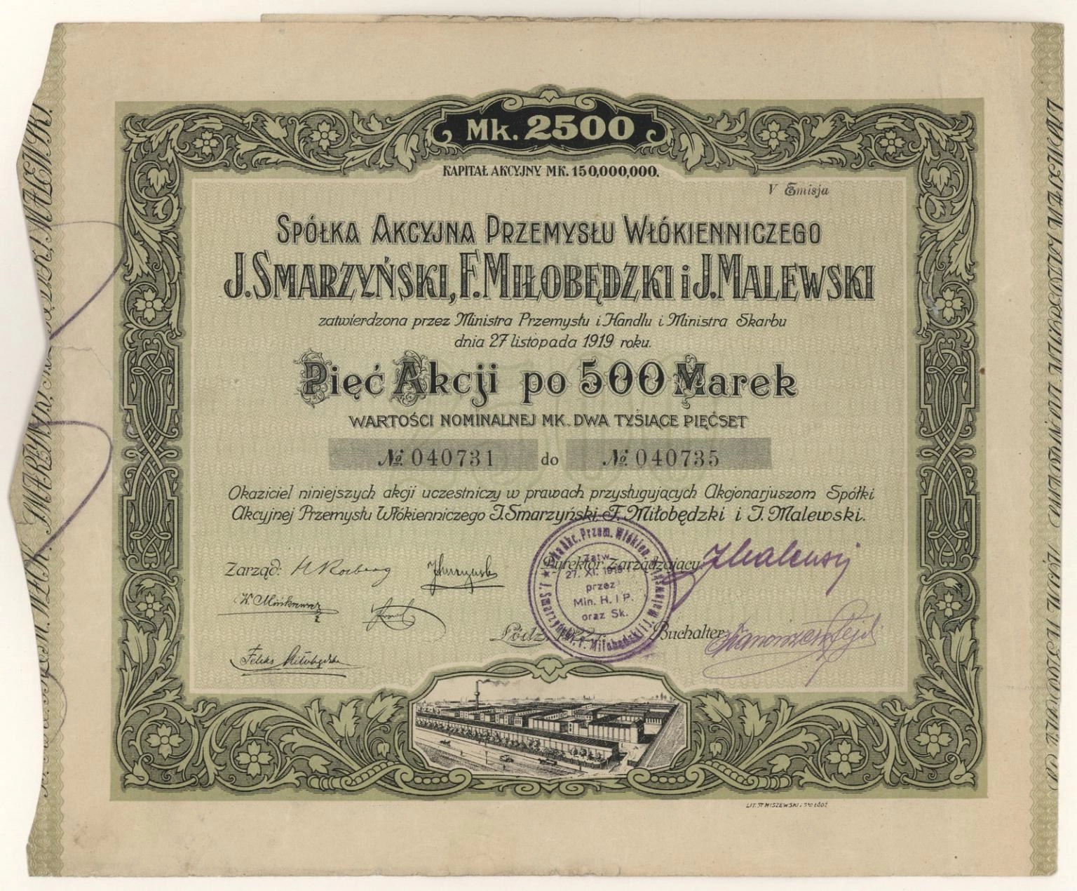 Zdjęcie akcji Spółka Akcyjna Przemysłu Włókienniczego "J. Smarzyński, F. Miłobędzki i J. Malewski"