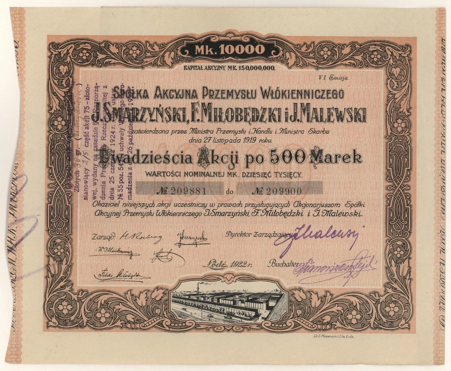 Zdjęcie akcji Spółka Akcyjna Przemysłu Włókienniczego "J. Smarzyński, F. Miłobędzki i J. Malewski"