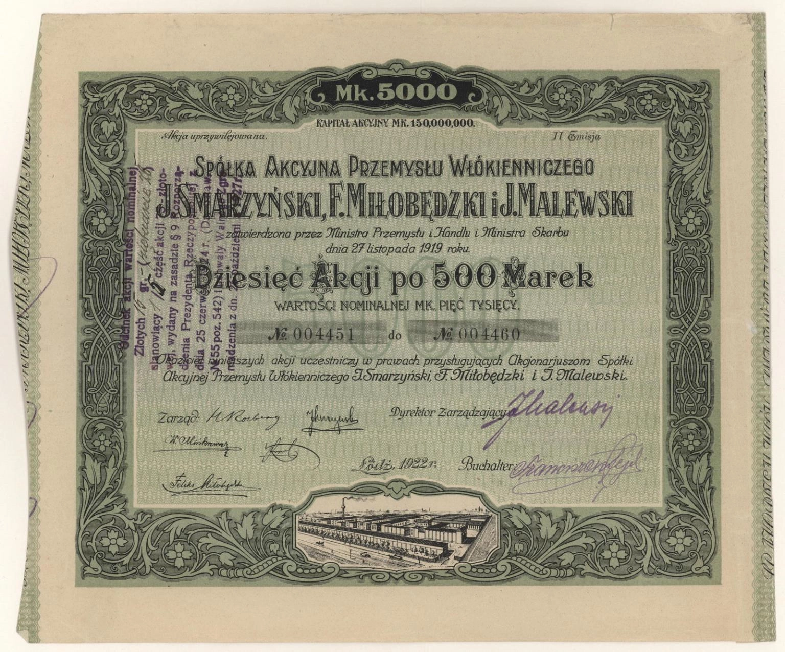 Zdjęcie akcji Spółka Akcyjna Przemysłu Włókienniczego "J. Smarzyński, F. Miłobędzki i J. Malewski"