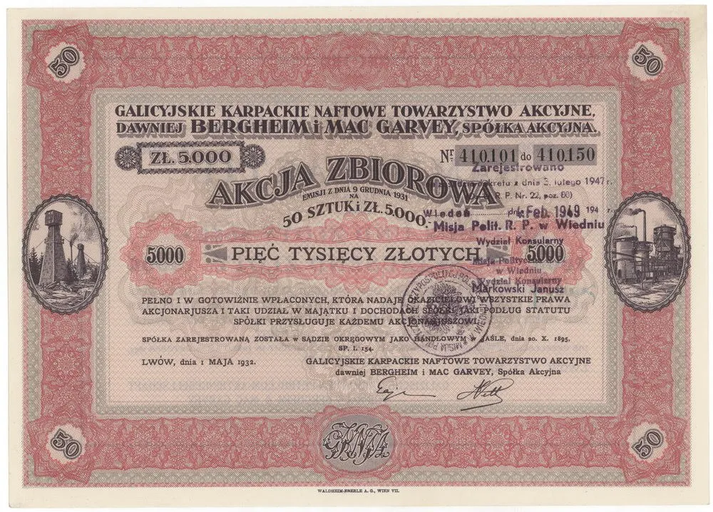 Zdjęcie akcji Galicyjskie Karpackie Naftowe Towarzystwo Akcyjne, dawniej Bergheim i Mac Garvey, Spółka Akcyjna