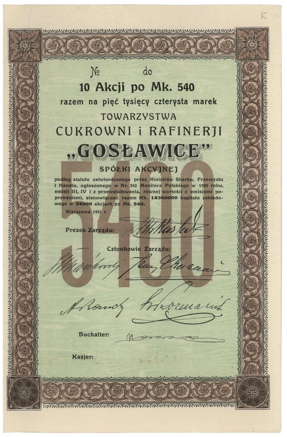 Zdjęcie akcji Cukrownia i Rafineria "Gosławice" Spółka Akcyjna