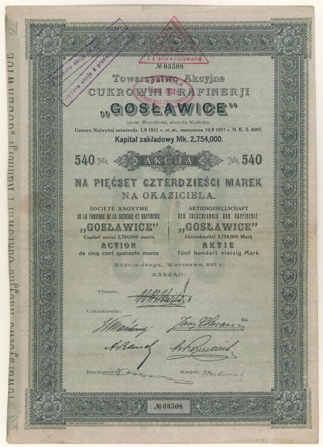 Zdjęcie akcji Cukrownia i Rafineria "Gosławice" Spółka Akcyjna