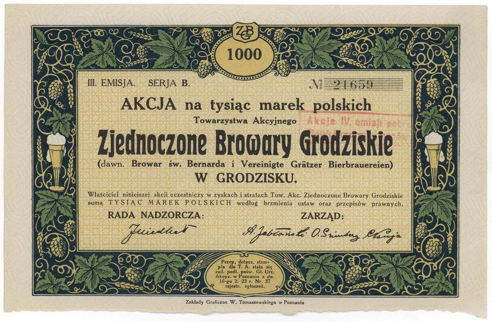 Zdjęcie akcji Zjednoczone Browary Grodziskie (dawniej Browar św. Bernarda i Vereinigte Grätzer-Bierbrauereien) Towarzystwo Akcyjne w Grodzisku