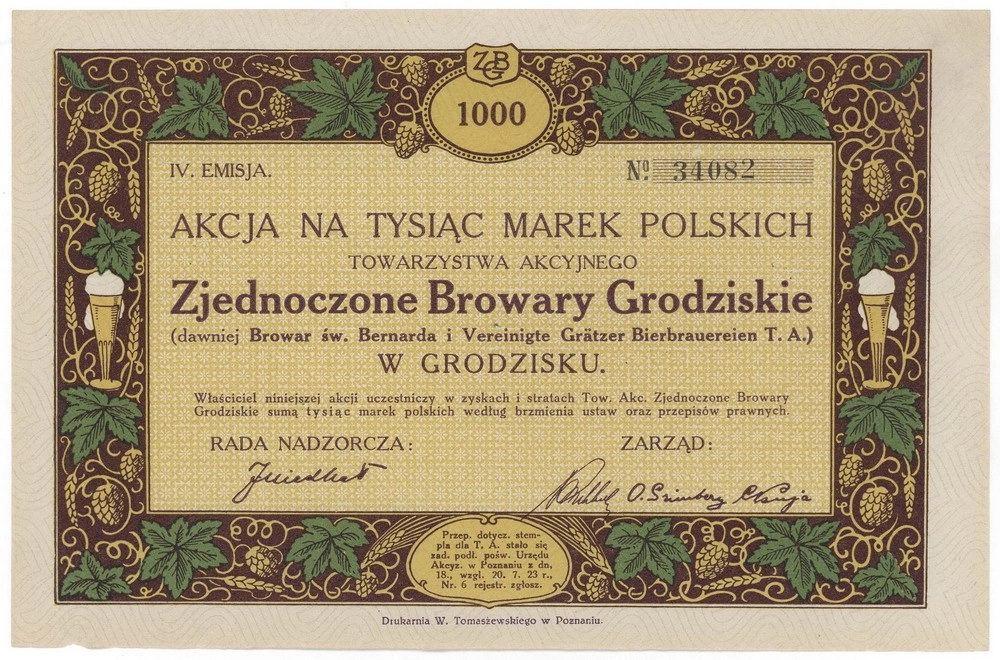 Zdjęcie akcji Zjednoczone Browary Grodziskie (dawniej Browar św. Bernarda i Vereinigte Grätzer-Bierbrauereien) Towarzystwo Akcyjne w Grodzisku