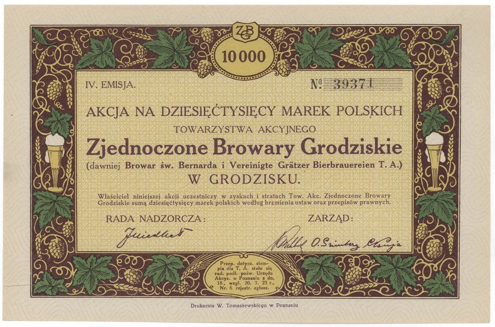 Zdjęcie akcji Zjednoczone Browary Grodziskie (dawniej Browar św. Bernarda i Vereinigte Grätzer-Bierbrauereien) Towarzystwo Akcyjne w Grodzisku