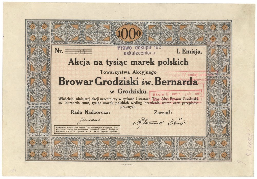 Zdjęcie akcji Browar Grodziski św. Bernarda Towarzystwo Akcyjne w Grodzisku