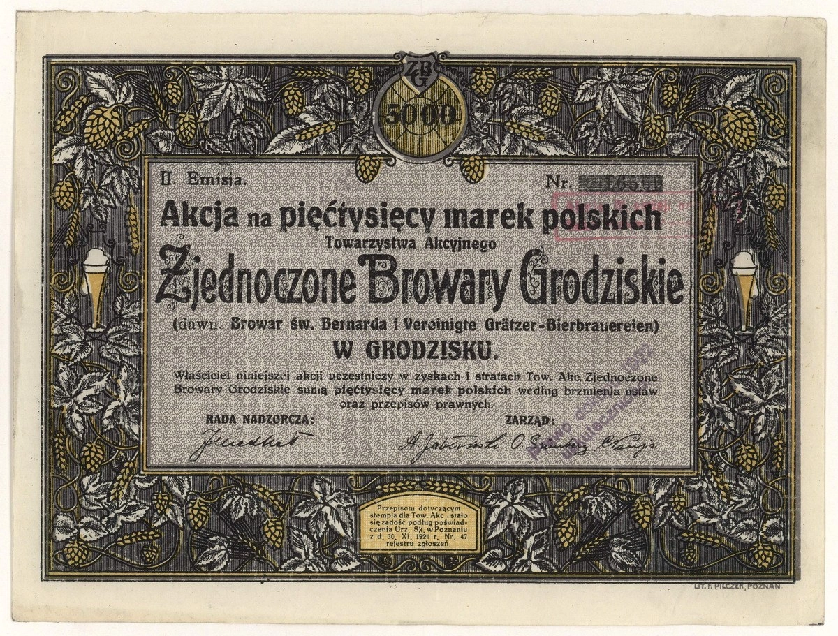 Zdjęcie akcji Zjednoczone Browary Grodziskie (dawniej Browar św. Bernarda i Vereinigte Grätzer-Bierbrauereien) Towarzystwo Akcyjne w Grodzisku