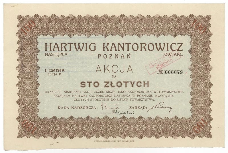 Zdjęcie akcji "Hartwig, Kantorowicz Następca" Towarzystwo Akcyjne w Poznaniu