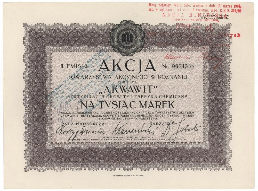 Zdjęcie akcji "Akwawit" Rektyfikacja Okowity i Fabryka Chemiczna Spółka Akcyjna w Poznaniu