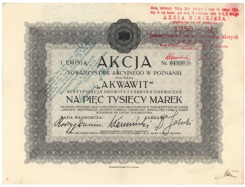 Zdjęcie akcji "Akwawit" Rektyfikacja Okowity i Fabryka Chemiczna Spółka Akcyjna w Poznaniu