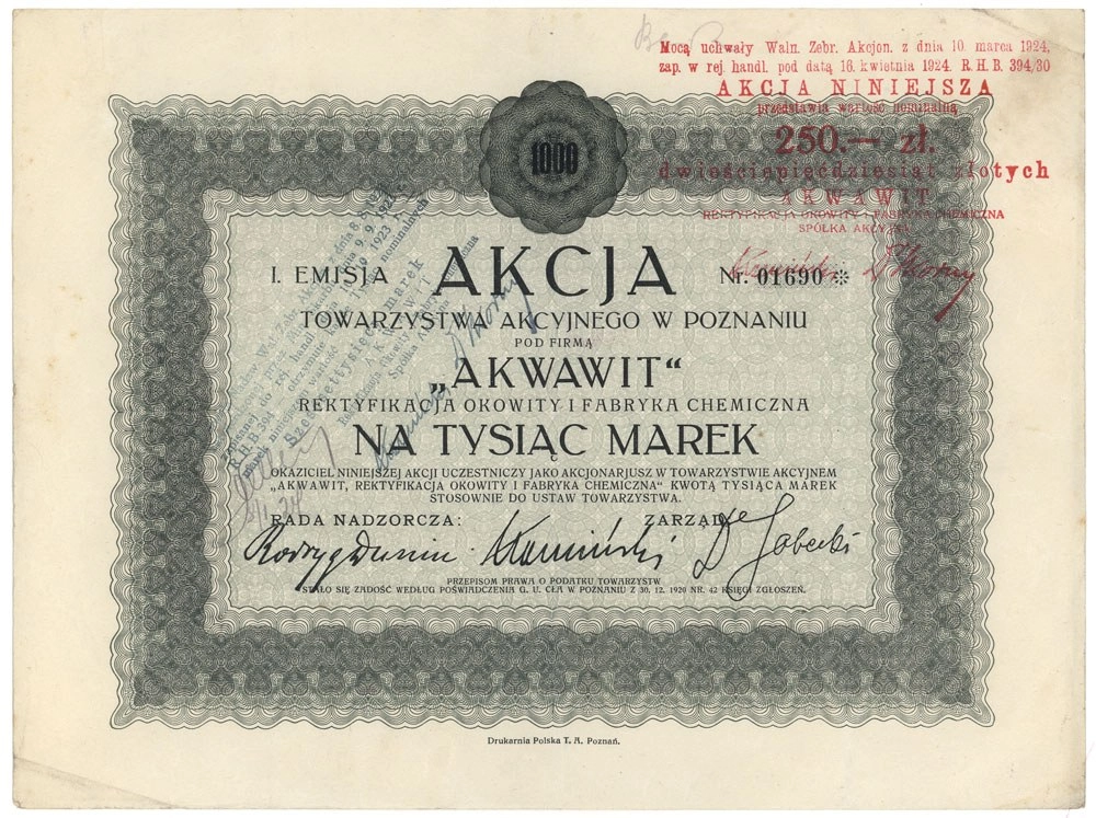 Zdjęcie akcji "Akwawit" Rektyfikacja Okowity i Fabryka Chemiczna Spółka Akcyjna w Poznaniu