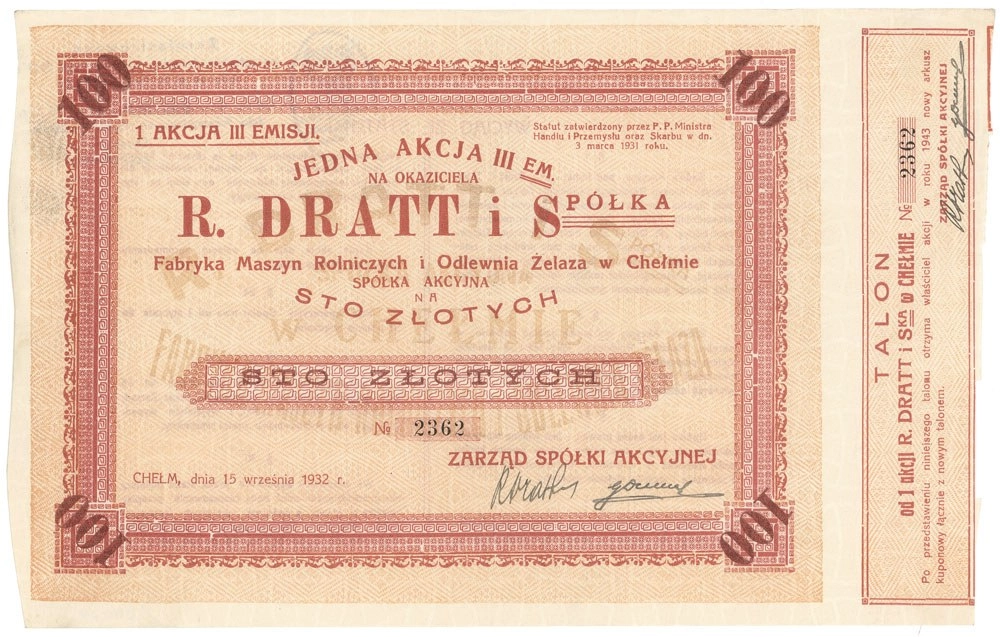 Zdjęcie akcji Fabryka Maszyn Rolniczych i Odlewnia Żelaza "R. Dratt i Spółka" w Chełmie Spółka Akcyjna