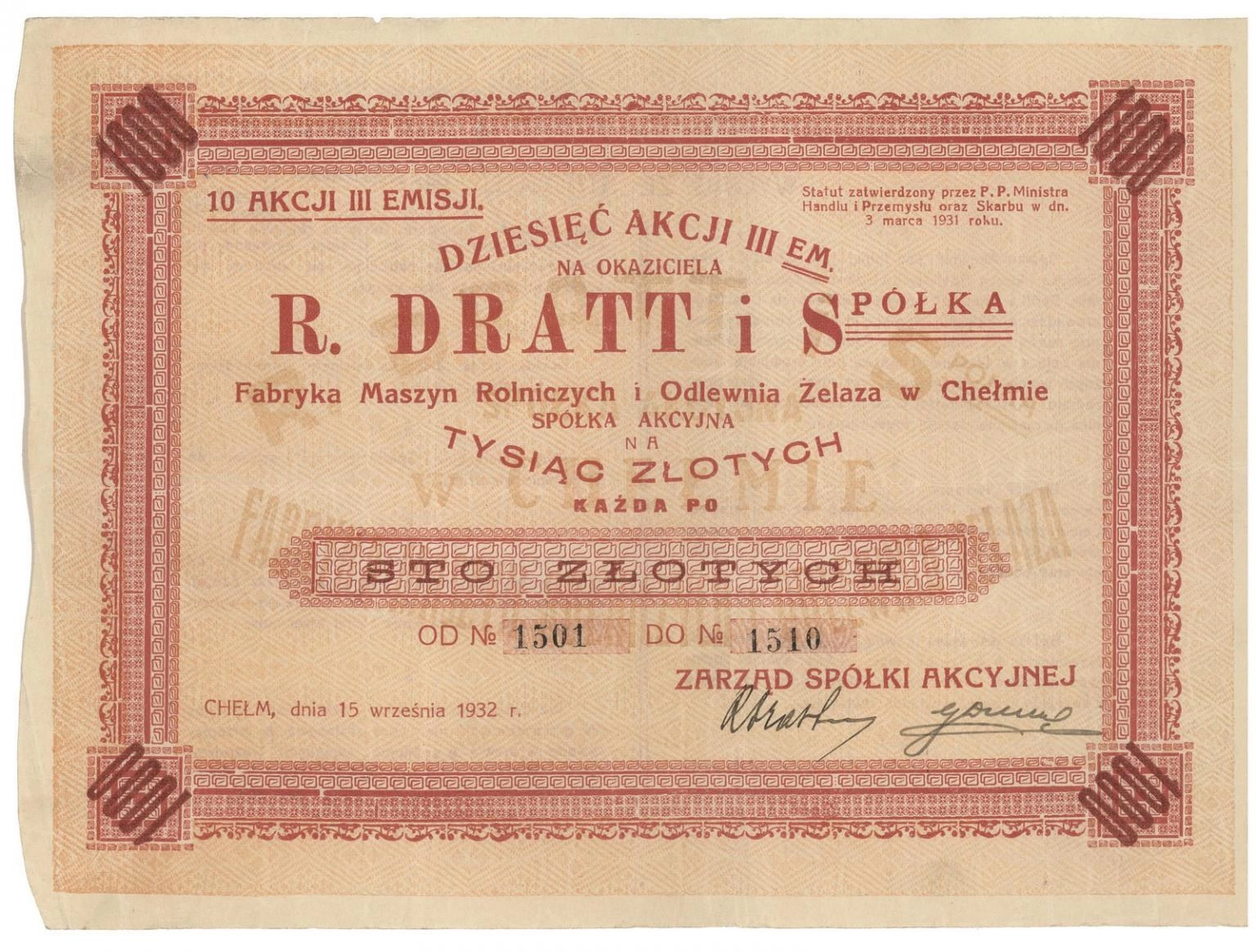 Zdjęcie akcji Fabryka Maszyn Rolniczych i Odlewnia Żelaza "R. Dratt i Spółka" w Chełmie Spółka Akcyjna