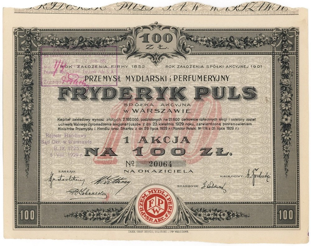 Zdjęcie akcji Przemysł Mydlarski i Perfumeryjny "Fryderyk Puls" Spółka Akcyjna w Warszawie