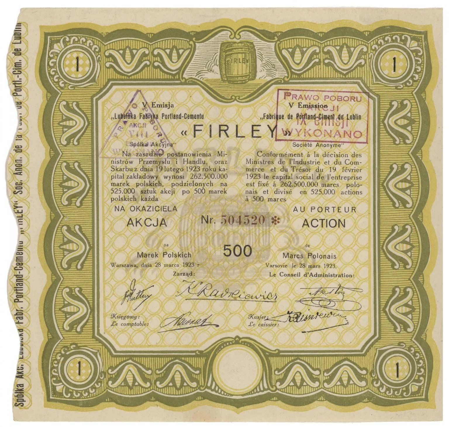 Zdjęcie akcji Lubelska Fabryka Portland-Cementu "Firley" Spółka Akcyjna