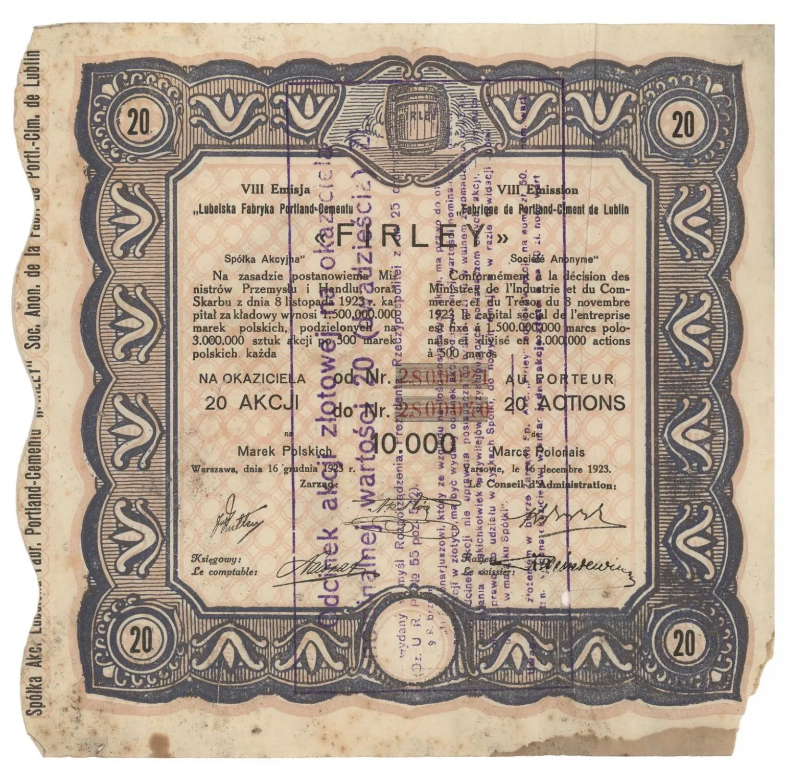 Zdjęcie akcji Lubelska Fabryka Portland-Cementu "Firley" Spółka Akcyjna