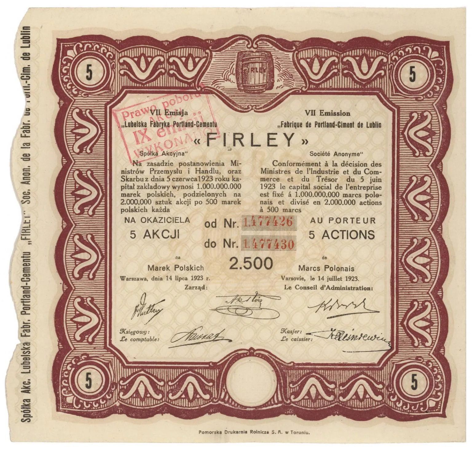 Zdjęcie akcji Lubelska Fabryka Portland-Cementu "Firley" Spółka Akcyjna