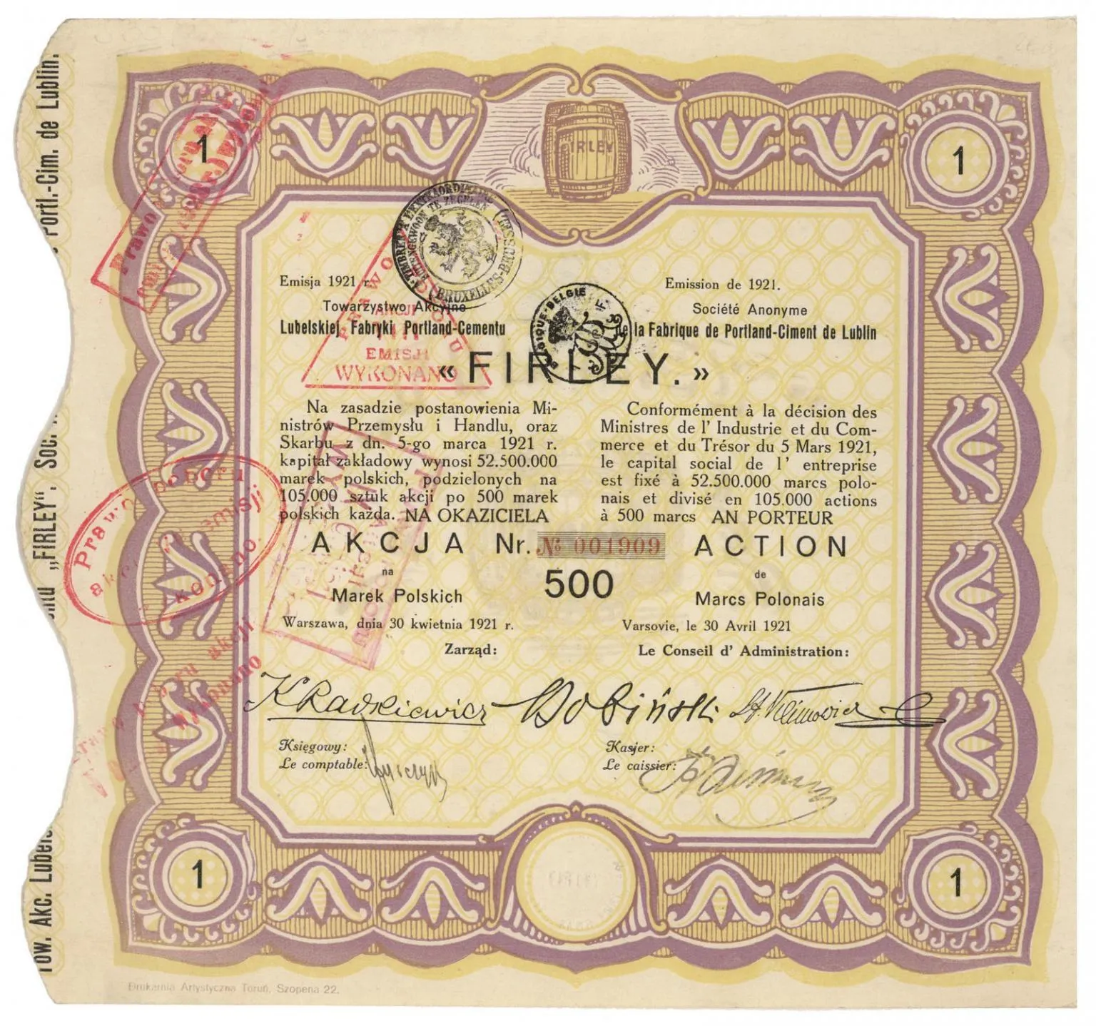 Zdjęcie akcji Towarzystwo Akcyjne Lubelskiej Fabryki Portland-Cementu "Firley"
