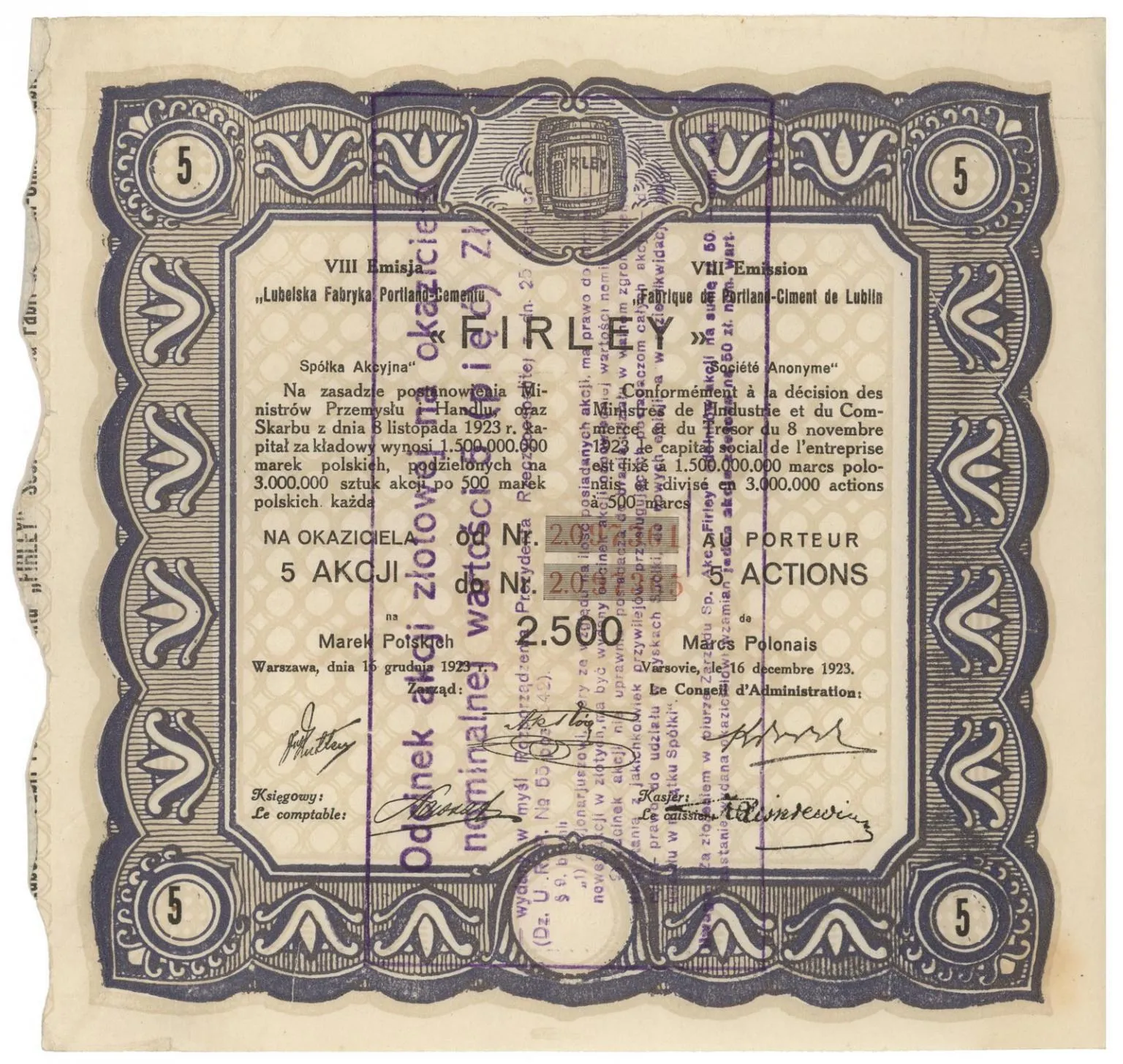 Zdjęcie akcji Lubelska Fabryka Portland-Cementu "Firley" Spółka Akcyjna