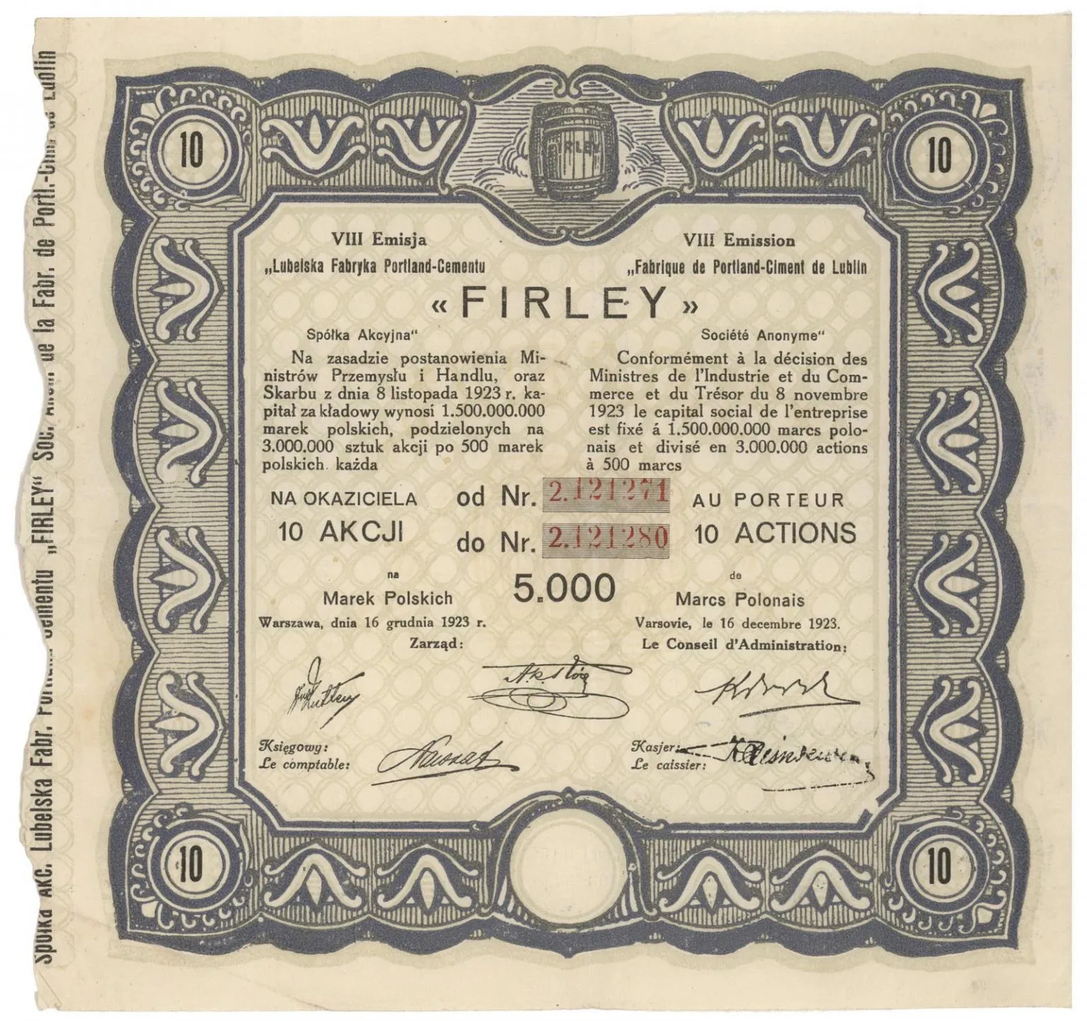 Zdjęcie akcji Lubelska Fabryka Portland-Cementu "Firley" Spółka Akcyjna