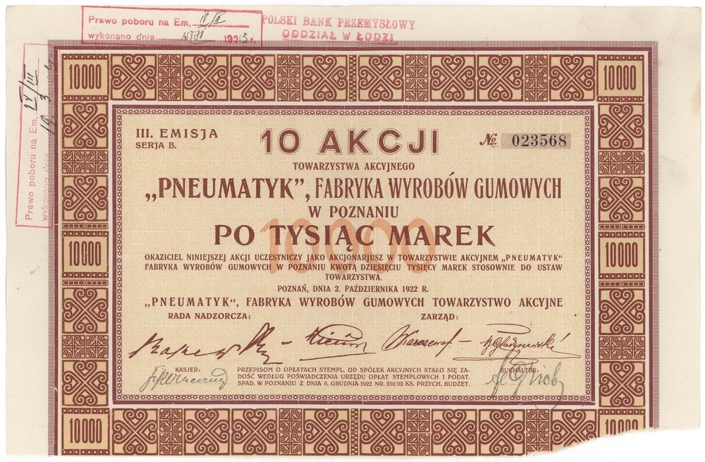 Zdjęcie akcji "Pneumatyk" Fabryka Wyrobów Gumowych Towarzystwo Akcyjne w Poznaniu