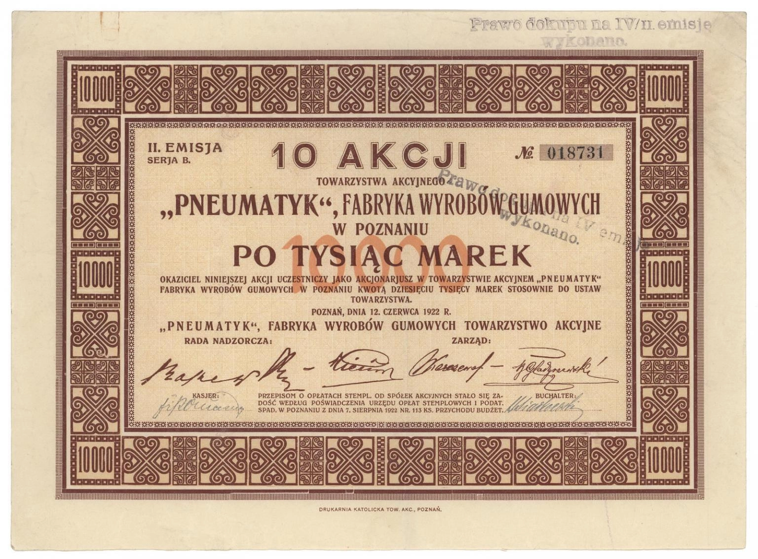 Zdjęcie akcji "Pneumatyk" Fabryka Wyrobów Gumowych Towarzystwo Akcyjne w Poznaniu