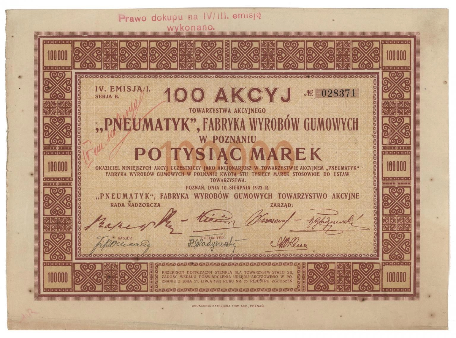 Zdjęcie akcji "Pneumatyk" Fabryka Wyrobów Gumowych Towarzystwo Akcyjne w Poznaniu