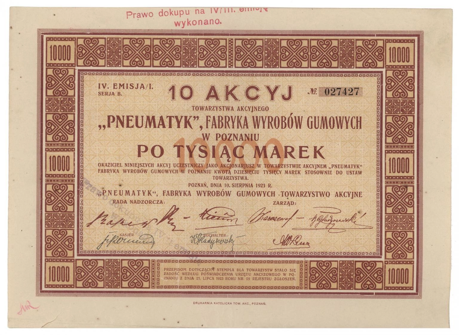 Zdjęcie akcji "Pneumatyk" Fabryka Wyrobów Gumowych Towarzystwo Akcyjne w Poznaniu