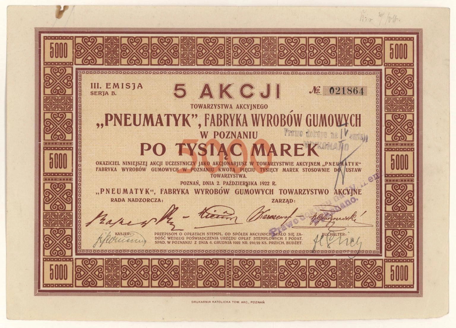 Zdjęcie akcji "Pneumatyk" Fabryka Wyrobów Gumowych Towarzystwo Akcyjne w Poznaniu